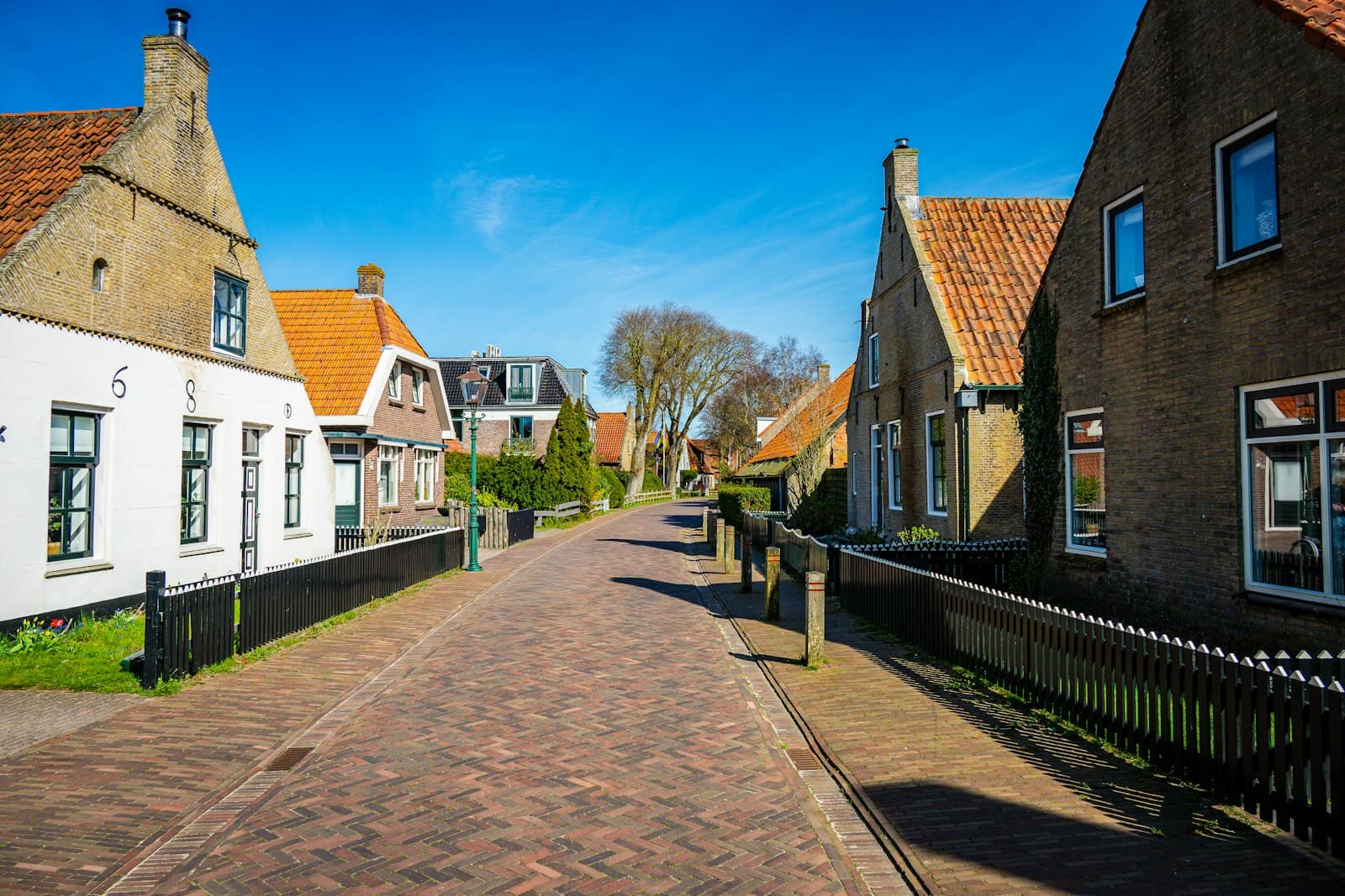 Nederlandse rijtjeshuizen in een zonnige dorpsstraat